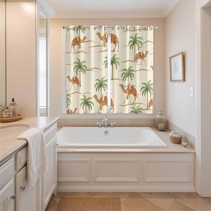 2 Panel Kitchen Cafe Curtains, Date Coconut Tree Sunlight Filtering Nature Air Through, Home Decor Window Covering Tier Curtains for Living Room 104W x 84L inch Desert Camels Botanical Tropical Beige