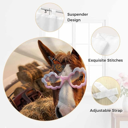 Farm Horses Living Room Curtains 84 Inch Length, Window Curtains Tab Top, Farmhouse Barn Funny Animals Butterfly Light Filtering Window Treatments Drapes 42"x84" 2 Panel