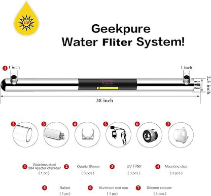 Geekpure 12 GPM Whole House UV Water Filter– UV Water Purifier with Extra 2 UV Filter +2 Quartz Sleeve- (55 Watt)