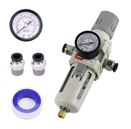 RIH 3/8"NPT Air Filter Pressure Regulator Combo Piggyback, 5 Micron Brass Element, Poly Bowl, Semi-Auto Drain, Metal Bracket, 0-150 psi Gauge Air Tool Compressor Filter with Gauge (3/8"NPT)