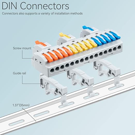 4pcs DIN Rail Terminal Blocks, DIY Splicing Wire Connectors for Circuit Inline 28-12AWG (3 in 15 Out)