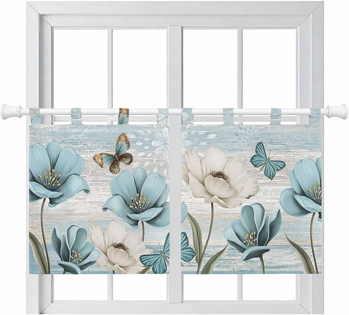 Spring Floral Kitchen Curtains 24 Inch Length, Small Window Curtains Tab Top, Vintage Tulips Flower Butterfly Retro Wood Blue Light Filtering Short Window Treatments Tier Drapes 27.5"x24" 2 Panel