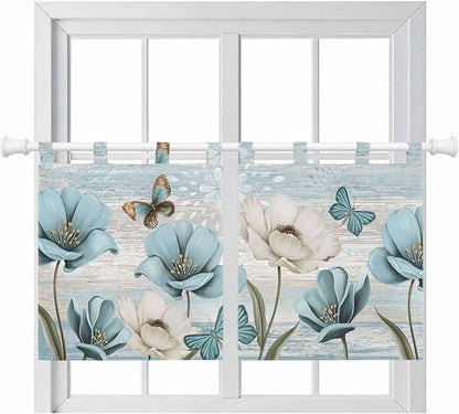 Spring Floral Kitchen Curtains 24 Inch Length, Small Window Curtains Tab Top, Vintage Tulips Flower Butterfly Retro Wood Blue Light Filtering Short Window Treatments Tier Drapes 27.5"x24" 2 Panel