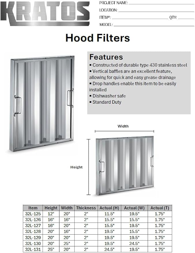 Kratos Commercial Hood Filter 16"(H) x 16"(W) x 2"(T), Stainless Steel (32L-126)