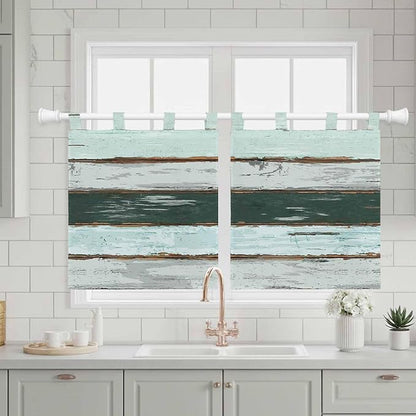 Blue Teal Kitchen Curtains 36 Inch Length, Small Window Curtains Tab Top, Vintage Wooden Retro Art Farmhouse Barns Light Filtering Short Window Treatments Tier Drapes 27.5"x36" 2 Panel