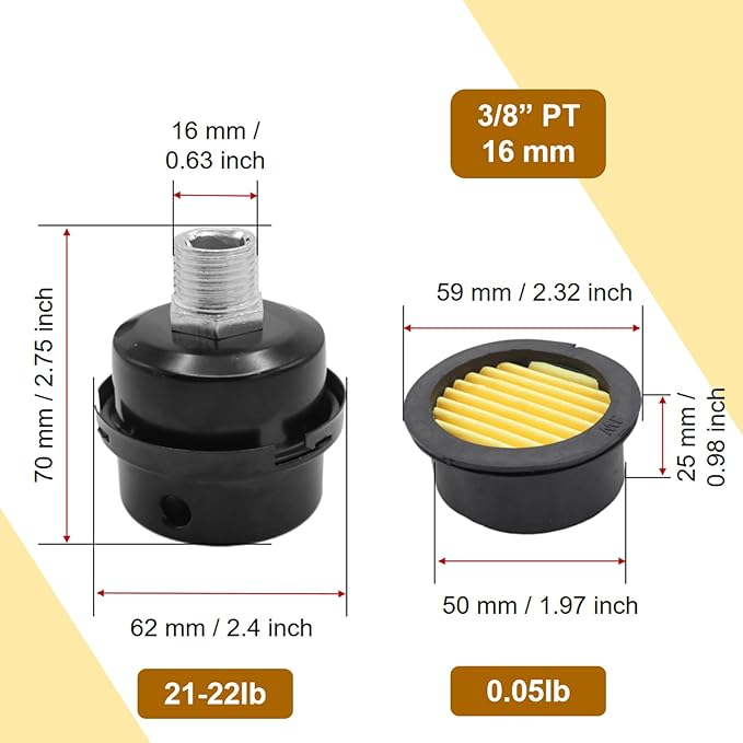 Pack of 2 Air Compressor Silencers with Replacement Elements, 3/8" Thread Intake Filter Silencer, 16mm Metal Filter Noise Muffler Replacement Parts