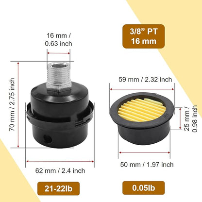 Pack of 2 Air Compressor Silencers with Replacement Elements, 3/8" Thread Intake Filter Silencer, 16mm Metal Filter Noise Muffler Replacement Parts