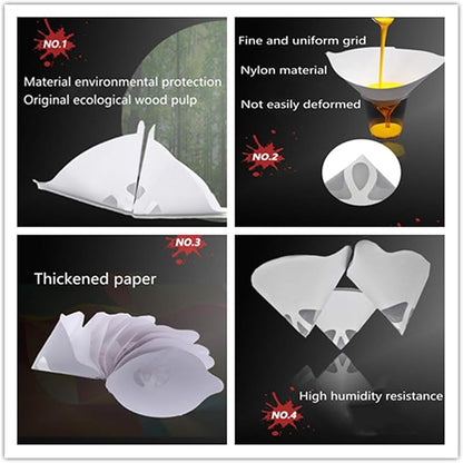 100PCS of Paper Paint Strainers with 100 μm Filter Tips and 1 PCS Stretch Silicone Funnel, Filter Tip Cone Shaped Nylon Mesh Funnel W/Hooks&paint resin filter
