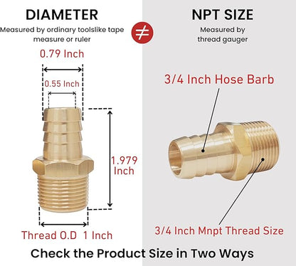2pcs Brass Hose Barb Fitting, 3/4" Barb x 3/4" NPT Male, Adapter – Correct Thread for 1" OD, Brass Barbed Air Hose Repair Connector