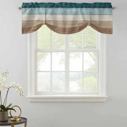 Teal Brown Tie Up Valance Curtains for Windows, Kitchen Curtains Window Shades, Farmhouse Vintage Abstract Wooden Grain Light Filtering Roman Curtain Valances for Bedroom/Bathroom/Cafe 42"x18"