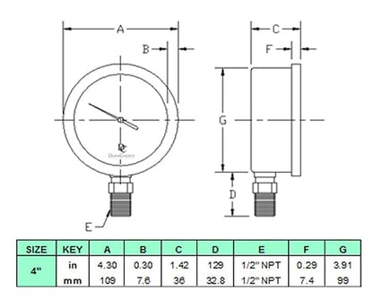 4" Oil Filled Pressure Gauge - Stainless Steel Case, Brass, 1/2" NPT, Lower Mount Connection, 0-15,000PSI