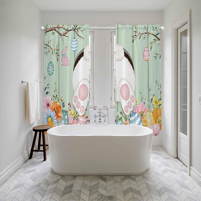 Easter Window Curtains 72 Inch Long 2 Panel Set, Rod Pocket Long Curtains & Drapes, Spring Watercolor Bunny Eggs Wooden Grain Green Light Filtering Window Treatment for Bedroom Living Room 52"W x 72"L