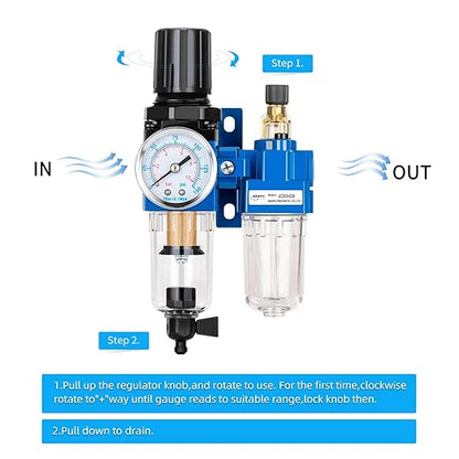 NANPU 1/4" NPT Compressed Air Filter Regulator Lubricator Combo, Water/Oil Trap Separator - Gauge(0-150 psi), Poly Bowl, Manual Drain, Bracket - AC2010-02M