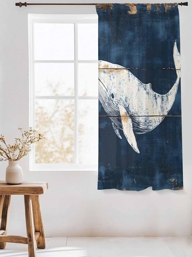 Sheer Curtains 72 Inches Long, Ocean Whale Blue Semi Sheer Curtains Light Filtering Window Treatment, Coastal Vintage Wooden Grain Privacy Voile Drapes for Living Room Bedroom 52x72 Inch