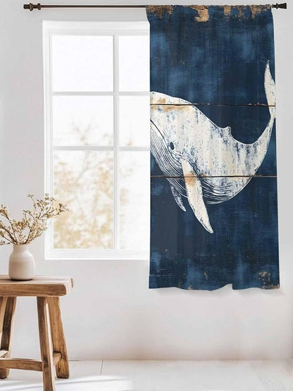 Sheer Curtains 72 Inches Long, Ocean Whale Blue Semi Sheer Curtains Light Filtering Window Treatment, Coastal Vintage Wooden Grain Privacy Voile Drapes for Living Room Bedroom 52x72 Inch