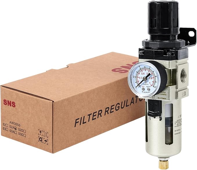 SNS Compressed Air Filter Regulator Piggyback Combo 3/8''NPT- Poly Bowl with Metal Guard, Semi-auto Drain, Bracket, Gauge AW3000-N03A