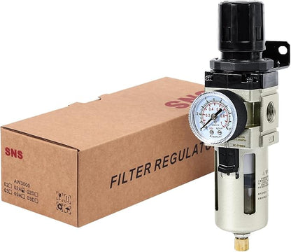 SNS Compressed Air Filter Regulator Piggyback Combo 3/8''NPT- Poly Bowl with Metal Guard, Semi-auto Drain, Bracket, Gauge AW3000-N03A