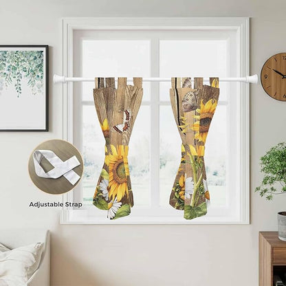 Farmhouse Sunflowers Bedroom Curtains 63 Inch Length, Window Curtains Tab Top, Rustic Floral Buttterfly Wood Board Brown Light Filtering Window Treatments Drapes 42"x63" 2 Panel