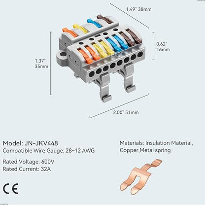 6pcs DIN Rail Terminal Blocks, DIY Splicing Wire Connectors for Circuit Inline 28-12AWG (4 in 8 Out)