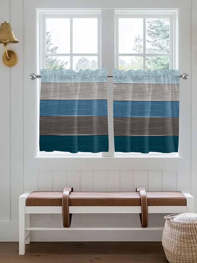 Retro Farm Blue Gray Wood Grain Window Valance Curtains, Rustic Wooden Plank Light Filtering Kitchen Valance with 3-inch Rod Pocket for Living Room Bathroom Bedroom,2 Panel,27.5x24In