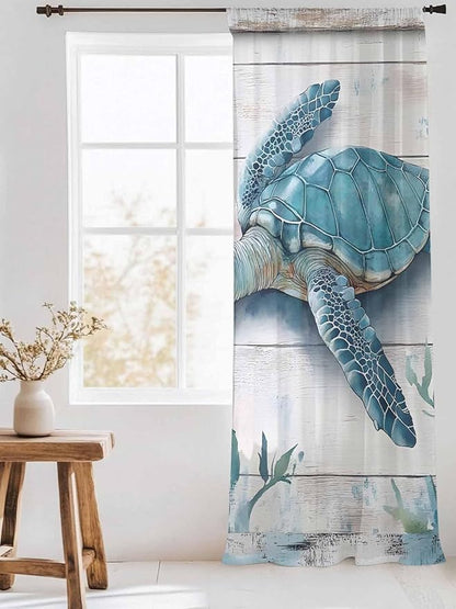 Sheer Curtains 108 Inches Long, Teal Green Sea Turtle Semi Sheer Curtains Light Filtering Window Treatment, Summer Ocean Seaweed Wood Grain Privacy Voile Drapes for Living Room Bedroom 52x108 Inch