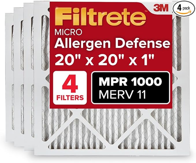 Filtrete 20x20x1 AC Furnace Air Filter, MERV 11, MPR 1000, Micro Allergen Defense, 3-Month Pleated 1-Inch Electrostatic Air Cleaning Filter, 4 Pack (Actual Size 19.69 x 19.69 x 0.81 in)