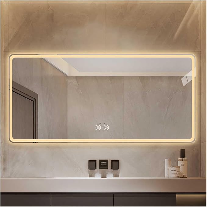 Bathroom Mirror with LED Lights，Smart Illuminated LED Bathroom Mirror，Energy-Saving LED Smart Mirrors，LED Mirror for Bathroom，with Demister Pad and Smart Touch Switch(H70*W90cm/H27.6*W35.4IN)
