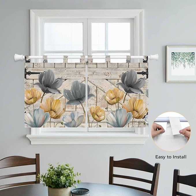 Spring Tulips Flower Kitchen Curtains 24 Inch Length, Small Window Curtains Tab Top, Vintage Floral Barn Doors Rustic Beige Light Filtering Short Window Treatments Tier Drapes 27.5"x24" 2 Panel