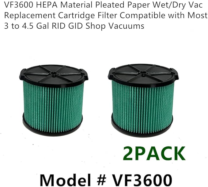 2 PACK yamoutai VF3600 HEPA Material Pleated Paper Wet/Dry Vac Replacement Cartridge Filter Compatible with Most 3 to 4.5 Gal Shop Vacuums