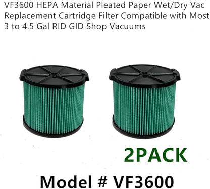 2 PACK yamoutai VF3600 HEPA Material Pleated Paper Wet/Dry Vac Replacement Cartridge Filter Compatible with Most 3 to 4.5 Gal Shop Vacuums