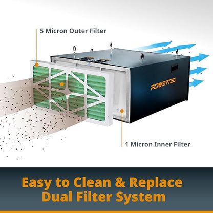 POWERTEC AF1045 3-Speed Remote Controlled Air Filtration System (655/875/1060 CFM) w/Extra Inner & Outer Filter (2 of Each, Color May Vary), Hanging Air Filter for Woodworking & Garage (AF1045C)