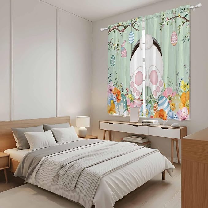 Easter Window Curtains 63 Inch Long 2 Panel Set, Rod Pocket Bedroom Curtains & Drapes, Spring Watercolor Bunny Eggs Wooden Grain Green Light Filtering Window Treatment for Living Room 42"W x 63"L