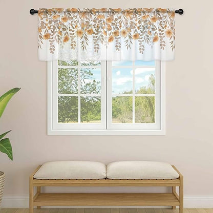 Spring Summer Flowers Sheer Valance Curtains, Vintage Watercolor Orange Floral Leaf Plant Light Filtering Kitchen Valances Rod Pocket Voile Curtain Treatment for Bedroom/Living Room/Basement 54Wx18L
