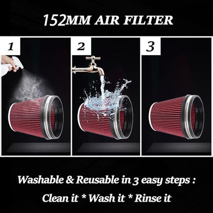 6" Inlet Cold Air Intake Filter Cone Replacement Performance Washable Clamp-On Dry Air Filters Red (6" Tall)