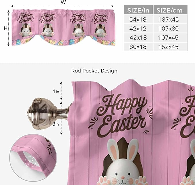 Pink Easter Tie Up Valance Curtains for Windows,Kitchen Curtains Window Shades,Easter Bunny Eggs Spring Cartoon Farmhouse Wood Grain Light Filtering Curtain Valances for Bedroom/Bathroom/Cafe 54"x18"