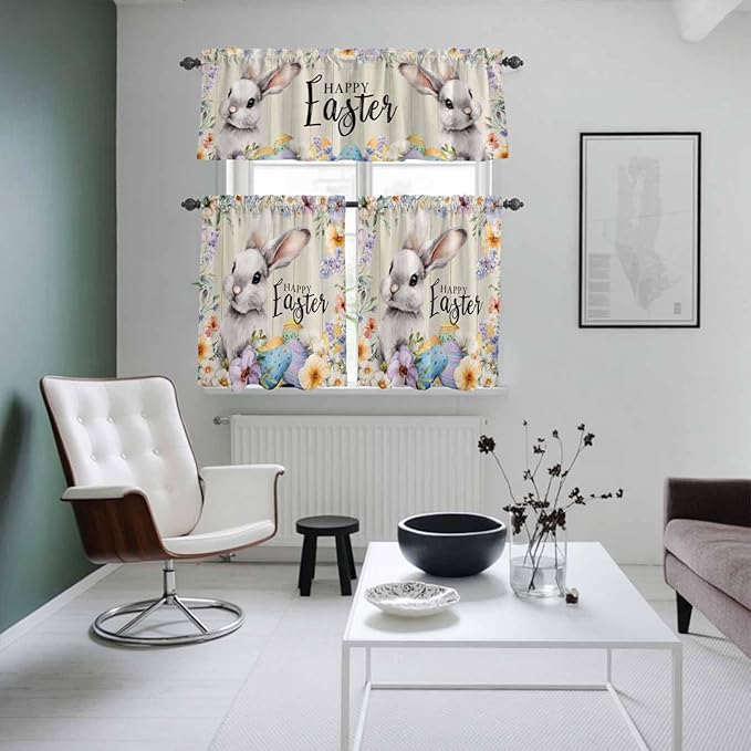 Easter Grey Bunny Kitchen Curtains Set 3 Piece for Windows,Rod Pocket Valance and Tier Set 36 Inch Length,Spring Colorful Eggs Flower Wooden Grain Light Filtering Cafe Curtains for Living Room