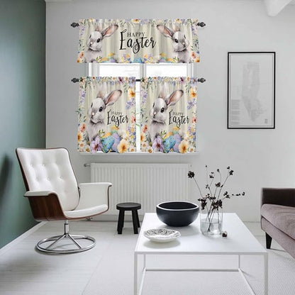 Easter Grey Bunny Kitchen Curtains Set 3 Piece for Windows,Rod Pocket Valance and Tier Set 36 Inch Length,Spring Colorful Eggs Flower Wooden Grain Light Filtering Cafe Curtains for Living Room