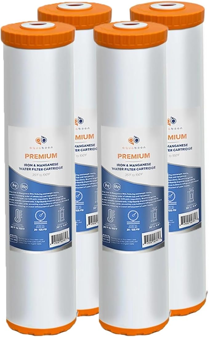 Aquaboon 20 x 4.5 Iron & Manganese Water Filter Cartridge – Reduces Iron & Manganese – Compatible with Whole House Systems, Well Water – Fits All 20”x4.5” Standard Housings - 4 Pack