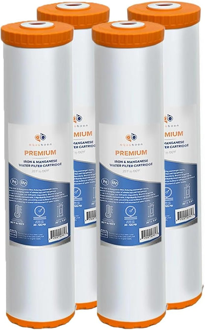 Aquaboon 20 x 4.5 Iron & Manganese Water Filter Cartridge – Reduces Iron & Manganese – Compatible with Whole House Systems, Well Water – Fits All 20”x4.5” Standard Housings - 4 Pack