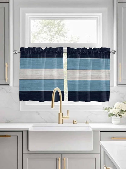 Vintage Country Woodcuts Window Valance Curtains, Blue Gradient Striped Light Filtering Kitchen Valance with 3-inch Rod Pocket for Living Room Bathroom Bedroom,2 Panel,27.5x24In
