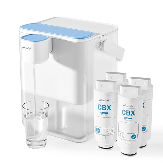 Frizzlife MD40 Rechargeable Water Filter Dispenser with 2 Filters Pre-Installed, Certified Reduce 99.89% of Chlorine, 400-Gallon/6 Months Water Pitcher, Extra 2 Filter Replacements