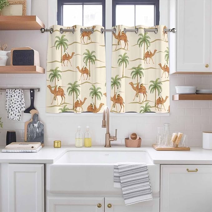 2 Panel Kitchen Cafe Curtains, Date Coconut Tree Sunlight Filtering Nature Air Through, Home Decor Window Covering Tier Curtains for Bedroom Living Room Desert Camels Botanical Tropical Beige