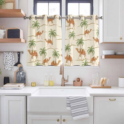 2 Panel Kitchen Cafe Curtains, Date Coconut Tree Sunlight Filtering Nature Air Through, Home Decor Window Covering Tier Curtains for Bedroom Living Room Desert Camels Botanical Tropical Beige