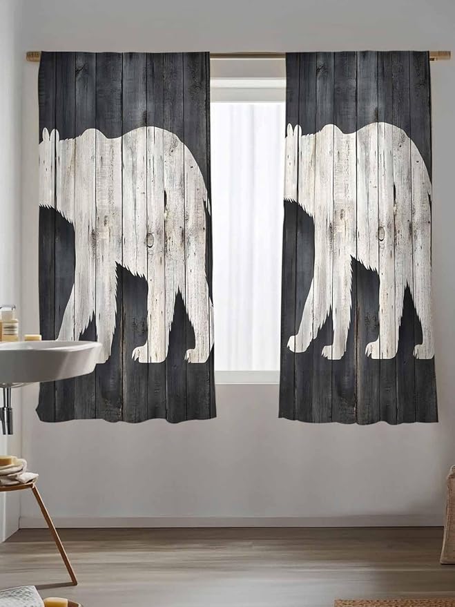 Sheer Curtains 72 Inches Long, White Brown Bear Semi Sheer Curtains Light Filtering Window Treatment, Rustic Counrty Vintage Wood Grain Privacy Voile Drapes for Living Room Bedroom 52x72 Inch