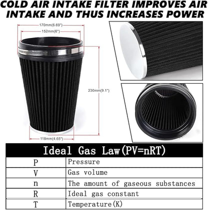 6" Inlet Cold Air Intake Filter Cone Replacement Performance Washable Clamp-On Dry Air Filters Black (8" Tall)