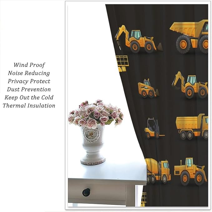 Kids Construction Window Curtains, Construction Machinery Equipment Mode of Transport Bulldozer Tractor Windows Curtain for Children Teens Room Decor 63x63in (30% Blackout)