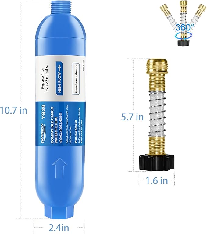 RV Inline/Marine Water Filter With Flexible Hose Protector, Reduce Bad Taste, Odors, Rust, Fluoride, Chlorine and Sediment in Drinking Water (2 Pack)