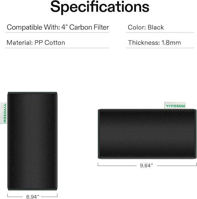 VIVOSUN 4 Inch Air Carbon Filter Smelliness Control with Australia Virgin Charcoal for Inline Fan and 4 Inch Prefilter for 4" Carbon Filter, Black, 9.84" Long