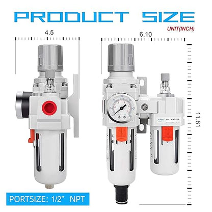 NANPU 1/2" NPT Auto-Drain Air Filter Regulator Lubricator Combo (FRL) Water/Oil Trap Separator - Gauge(0-150 psi), 5 Micron Brass Element, Poly Bowl, Metal Bracket
