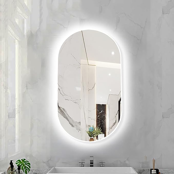 Oval LED Illuminated Bathroom Mirror, Wall-mounted Vanity Makeup Mirror with Demister Pad, 3 Dimmable Color Temperatures & Touch Control, Metal Frame Anti-Fog Lighted Wall Mirror ( Color : White Frame